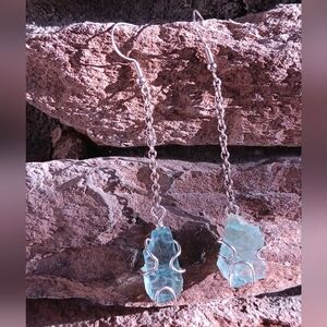 Aquamarine Rough Dangle Earrings Chain Sterling Silver